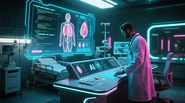 A futuristic hospital control room with holographic screens displaying medical images and large language model code, a cyberpunk doctor in a neon-lit lab coat adjusting AI parameters on a sleek console, photorealistic ultra‑detailed, high contrast, 8K