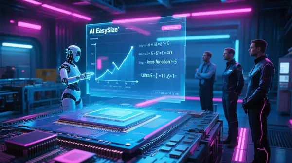Photorealistic futuristic semiconductor fab floor, glowing neon blue and magenta lights, a holographic AI assistant projecting transistor sizing equations over a silicon wafer, engineers in sleek cyberpunk attire watching a large transparent screen displaying EasySize's loss function graph, ultra‑high resolution, cinematic depth of field Photorealistic futuristic semiconductor fab floor, glowing neon blue and magenta lights, a holographic AI assistant projecting transistor sizing equations over a silicon wafer, engineers in sleek cyberpunk attire watching a large transparent screen displaying EasySize's loss function graph, ultra‑high resolution, cinematic depth of field