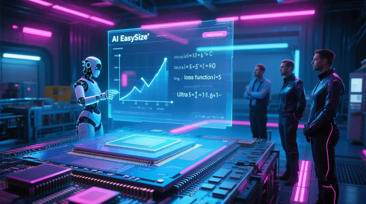 Photorealistic futuristic semiconductor fab floor, glowing neon blue and magenta lights, a holographic AI assistant projecting transistor sizing equations over a silicon wafer, engineers in sleek cyberpunk attire watching a large transparent screen displaying EasySize's loss function graph, ultra‑high resolution, cinematic depth of field Photorealistic futuristic semiconductor fab floor, glowing neon blue and magenta lights, a holographic AI assistant projecting transistor sizing equations over a silicon wafer, engineers in sleek cyberpunk attire watching a large transparent screen displaying EasySize's loss function graph, ultra‑high resolution, cinematic depth of field