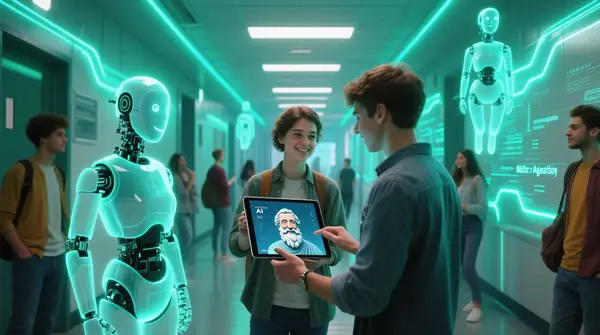 A photorealistic futuristic university hallway with holographic AI agents floating as translucent, glowing figures. In the center, a student interacts with a sleek tablet displaying a Socratic AI tutor avatar that looks like a modern digital Socrates—wise eyes, gentle smile. Behind them, subtle neon data streams flow along walls, representing multi‑agent orchestration. The scene is bright, optimistic, cyberpunk‑style with green-blue lighting and diverse students in smart casual attire.