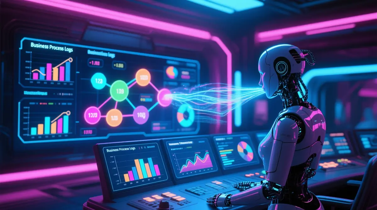 A futuristic cyberpunk control room filled with holographic dashboards displaying colorful graph structures representing business process logs, glowing nodes of different shapes for activities, timestamps and resources, a sleek AI avatar projecting data streams, photorealistic ultra‑high resolution, neon blue and magenta lighting, cinematic depth of field