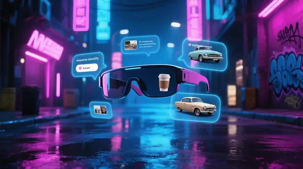 A hyper‑realistic cyberpunk street at night, neon signs reflecting on wet pavement. A sleek pair of AR smart glasses hovers in the foreground, displaying floating holographic answer bubbles with text and tiny image thumbnails, illustrating a AI system instantly identifying a vintage car, coffee cup, and graffiti tag. The scene is illuminated by vibrant blues and magentas, with subtle lens flare and depth‑of‑field, photorealistic rendering. A hyper‑realistic cyberpunk street at night, neon signs reflecting on wet pavement. A sleek pair of AR smart glasses hovers in the foreground, displaying floating holographic answer bubbles with text and tiny image thumbnails, illustrating a AI system instantly identifying a vintage car, coffee cup, and graffiti tag. The scene is illuminated by vibrant blues and magentas, with subtle lens flare and depth‑of‑field, photorealistic rendering.