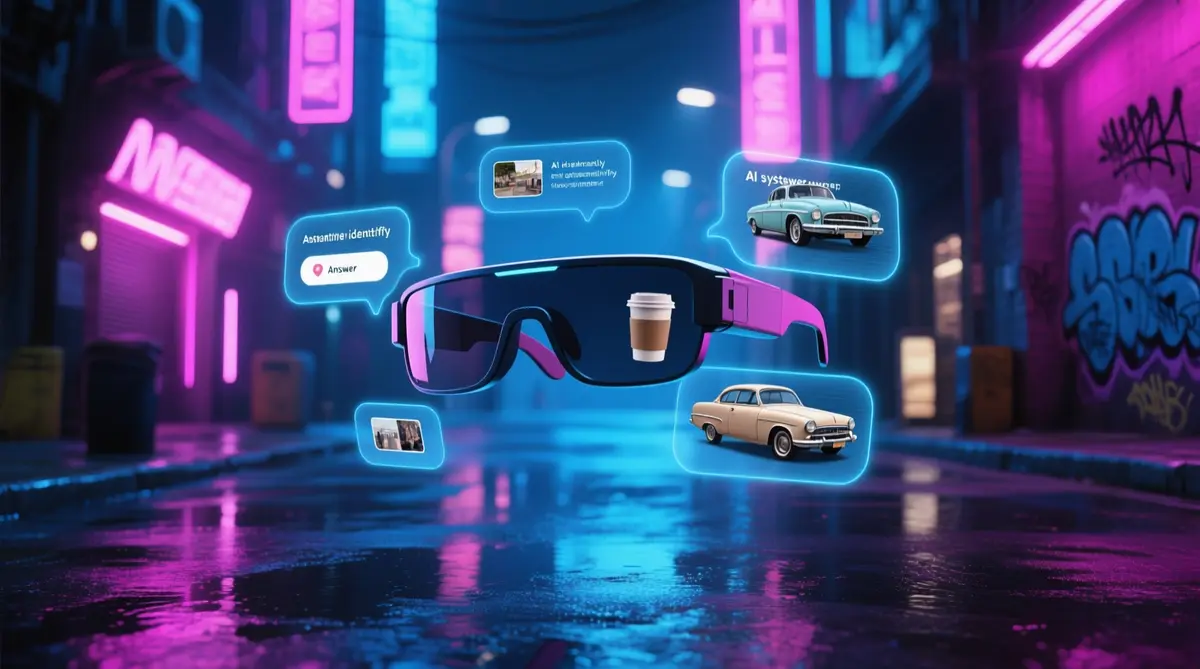 A hyper‑realistic cyberpunk street at night, neon signs reflecting on wet pavement. A sleek pair of AR smart glasses hovers in the foreground, displaying floating holographic answer bubbles with text and tiny image thumbnails, illustrating a AI system instantly identifying a vintage car, coffee cup, and graffiti tag. The scene is illuminated by vibrant blues and magentas, with subtle lens flare and depth‑of‑field, photorealistic rendering.