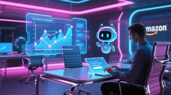 A photorealistic futuristic office interior with holographic screens displaying a graph database network, an AI assistant avatar floating beside a user typing a natural language query on a transparent tablet, neon blue and magenta lighting, sleek chrome furniture, and subtle Amazon branding elements.