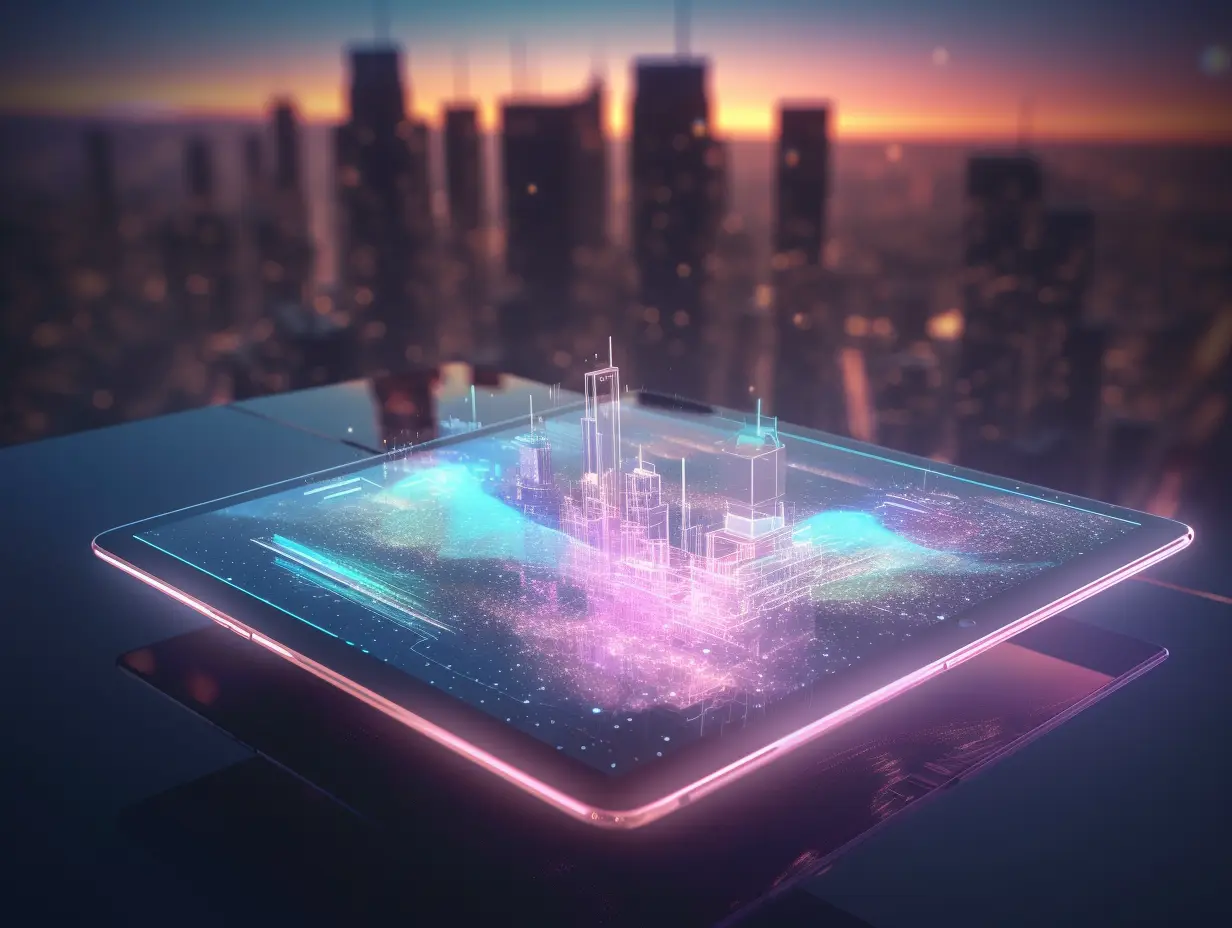 An epically large digital tablet floating in the sky, showing futuristic imagery of cities An epically large digital tablet floating in the sky, showing futuristic imagery of cities
